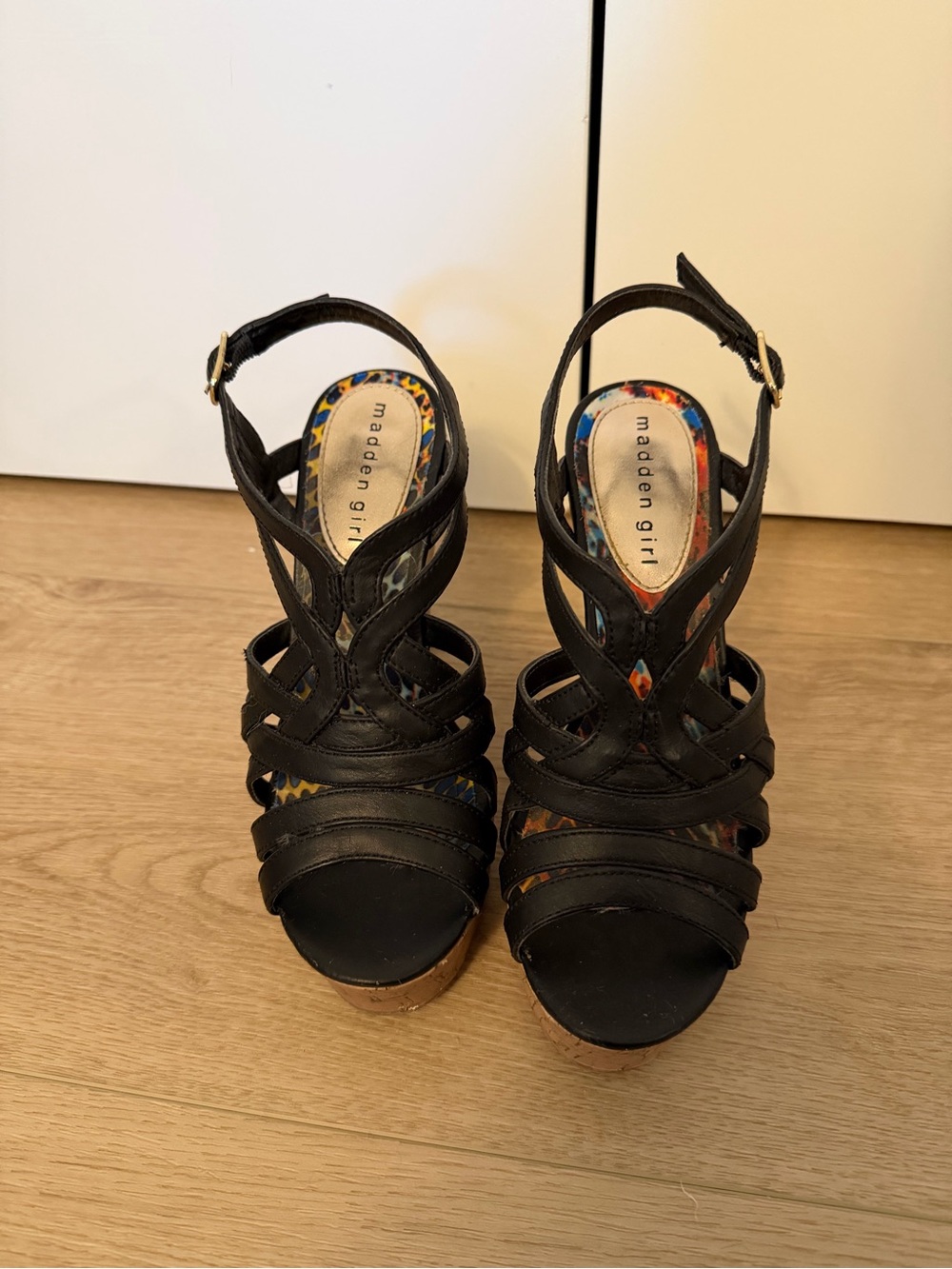 Madden Girl Black Strappy Wedge Sandals